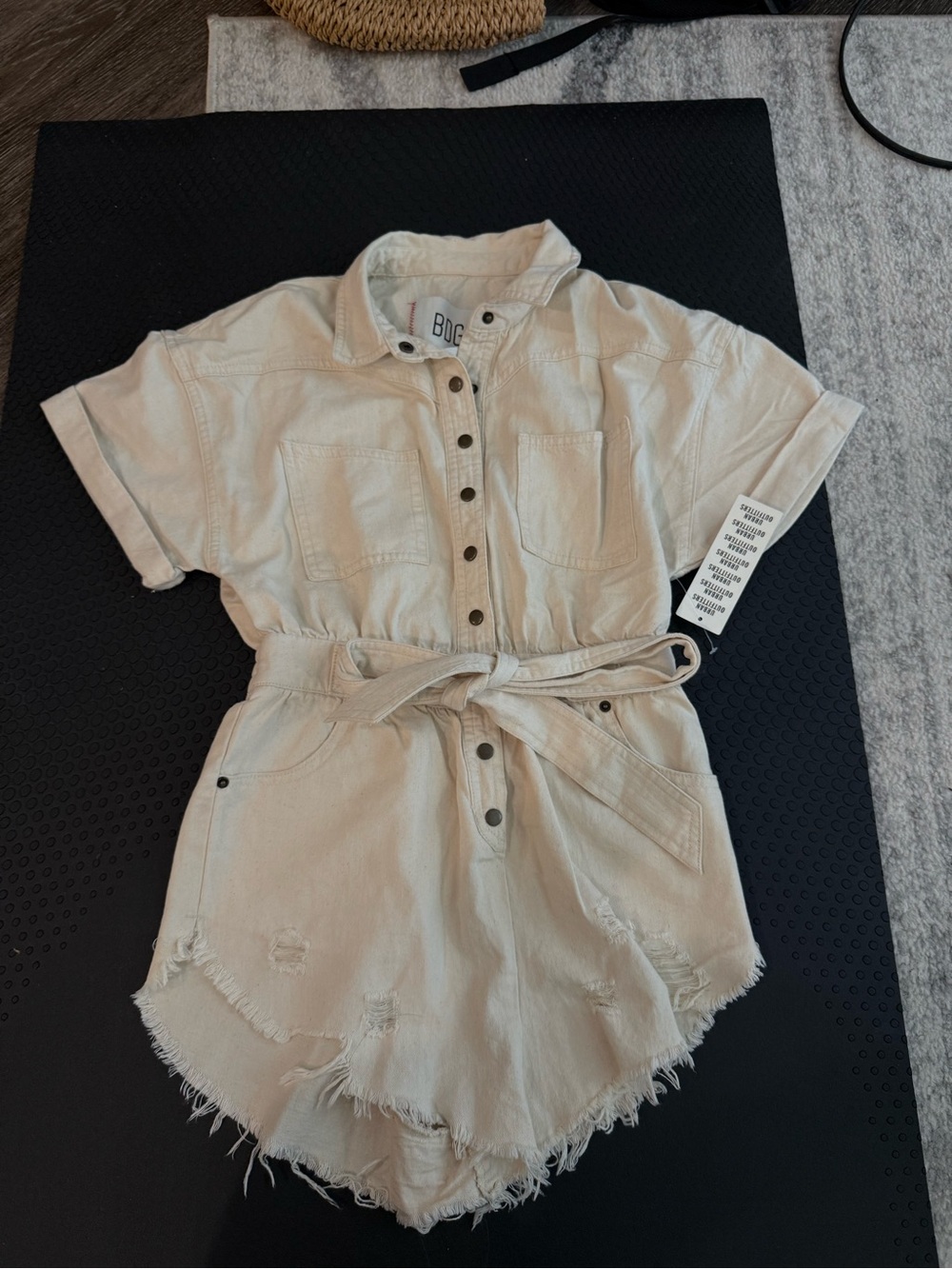 Urban Outfitters BDG Light Beige Button-Front Worker Denim Romper with Tie Waist